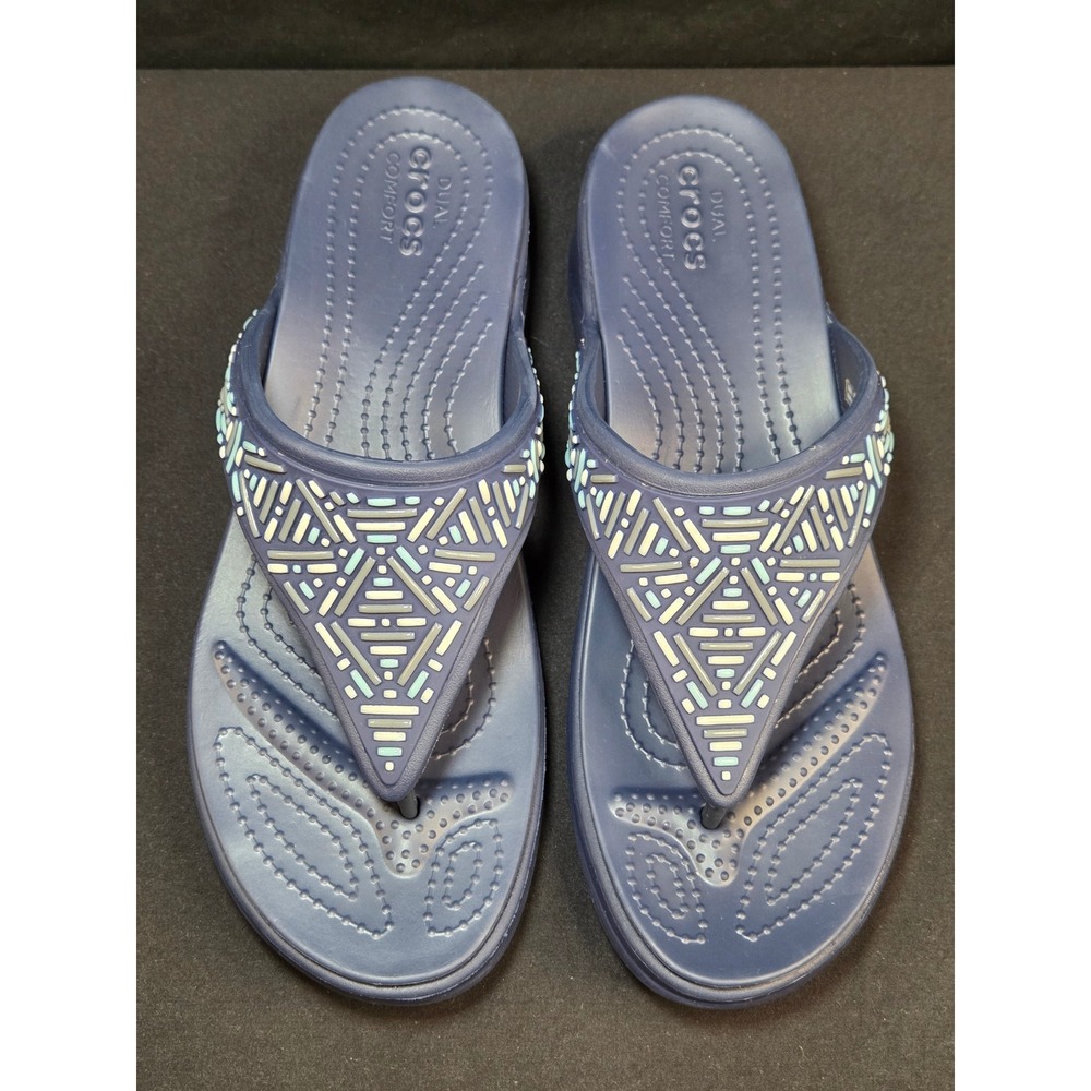 Crocs Sanrah Beaded Wedge Flip Flops Navy Blue Womens 11 Dual Comfort Sandals